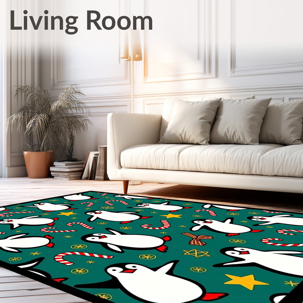 Festive Penguin Candy Cane Star Collage Rug
