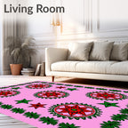Pink Red Green Star Medallion Border Rug