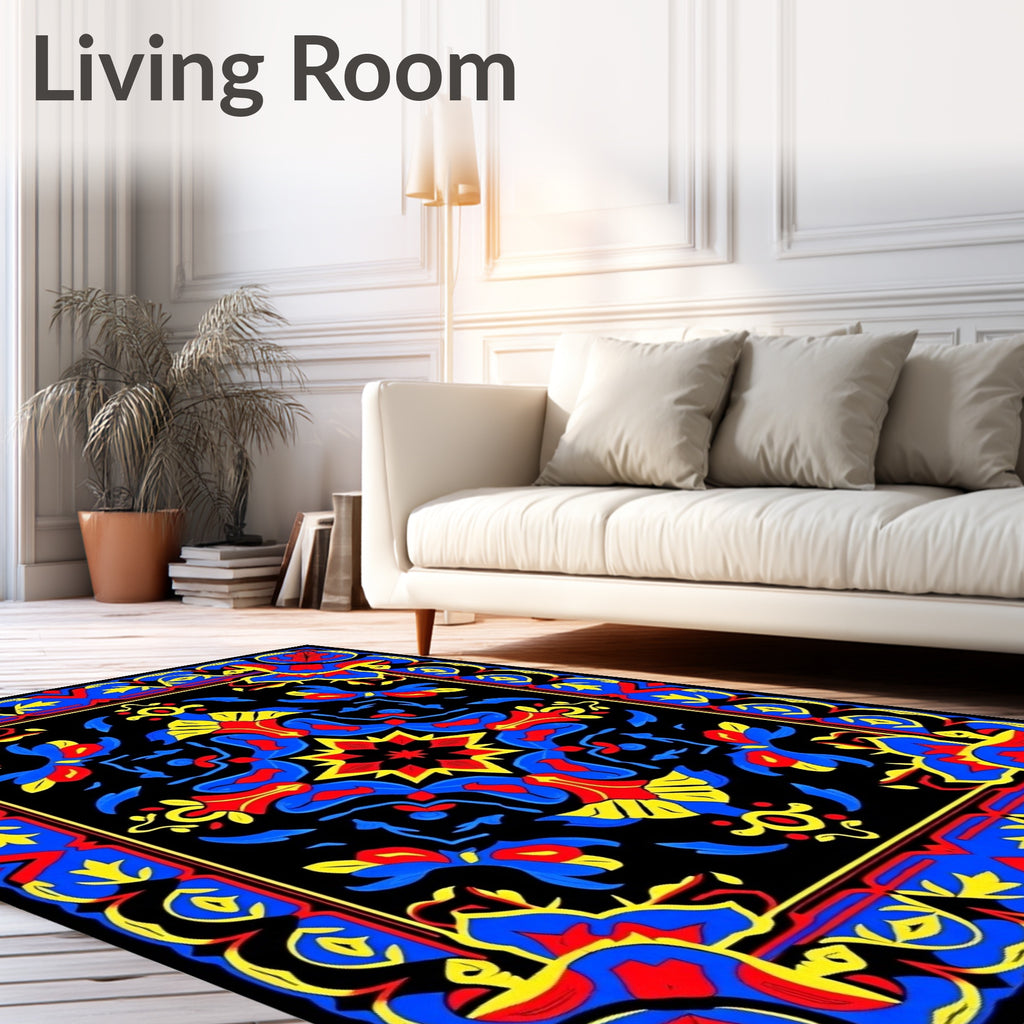 Bold Blue Red Yellow Floral Medallion Rug