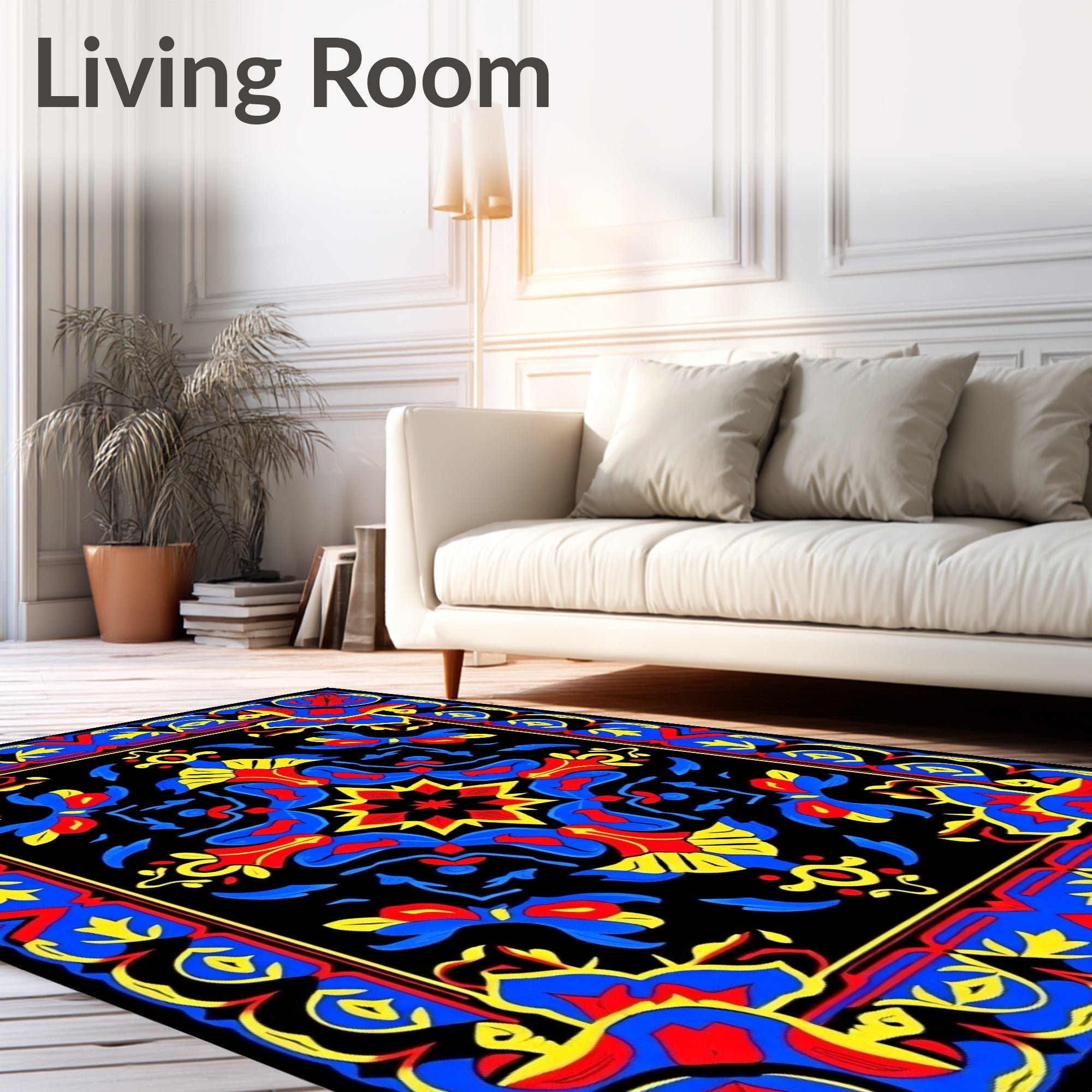 Bold Blue Red Yellow Floral Medallion Rug