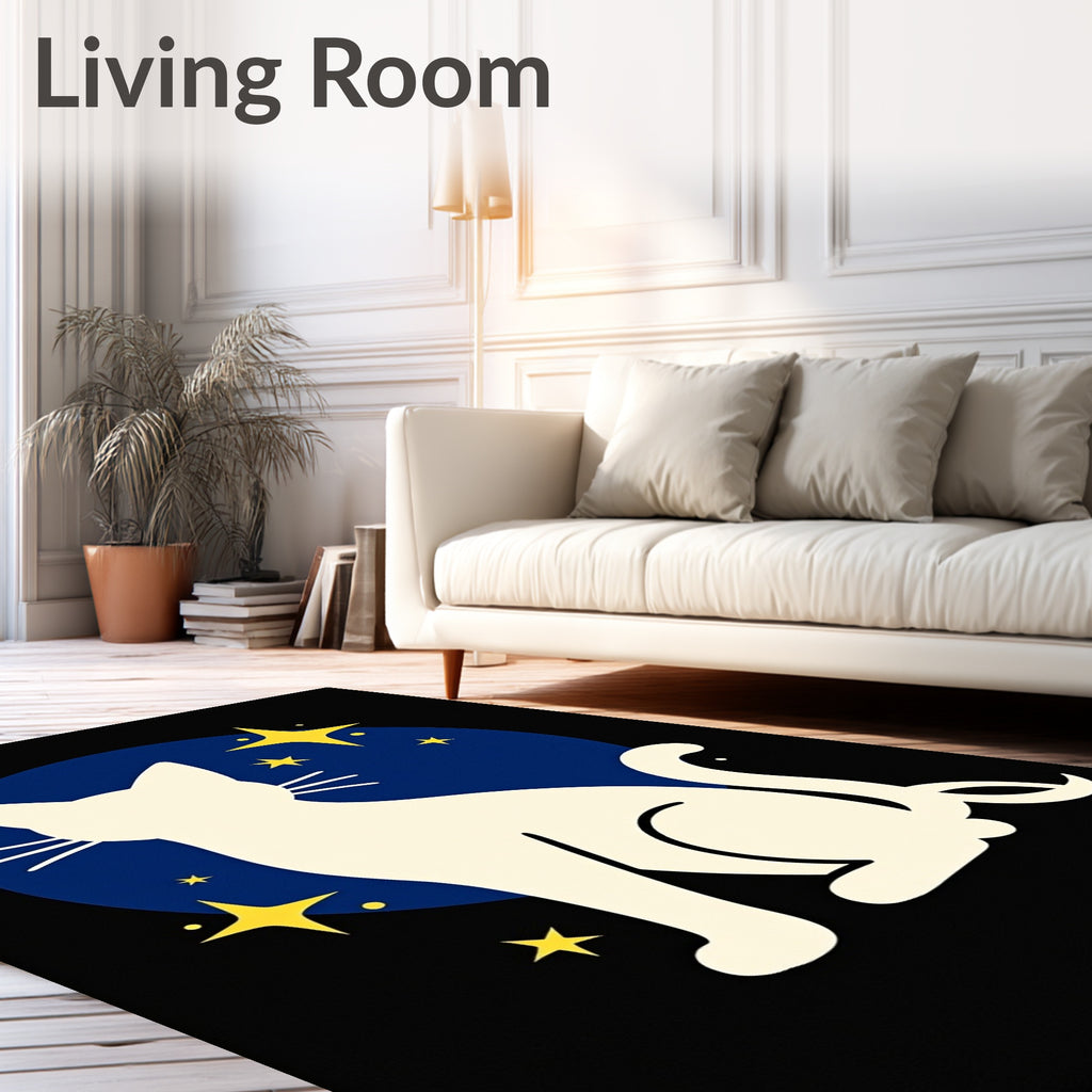 Cream Cat Yellow Stars Blue Moon Rug