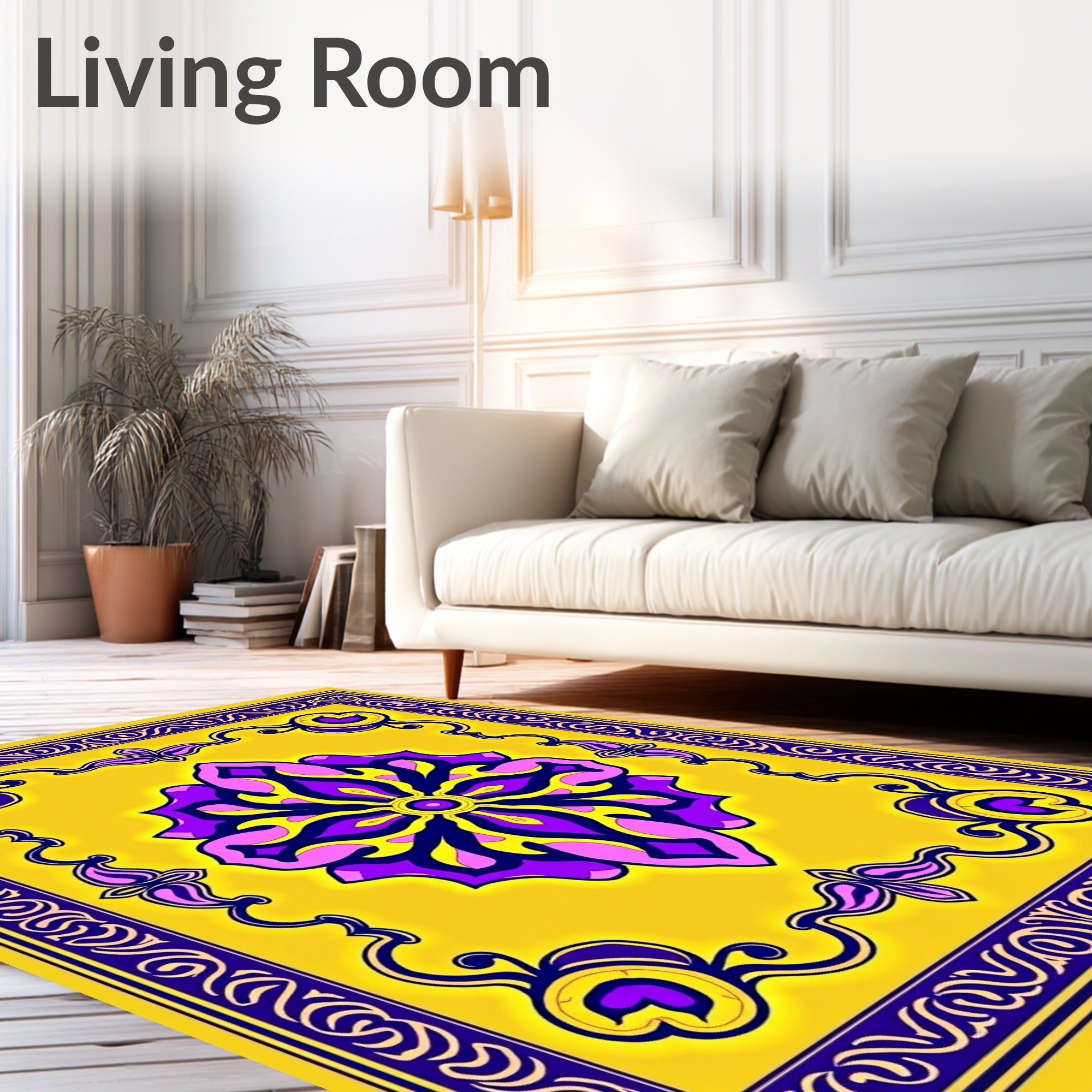 Vivid Yellow Purple Floral Medallion Rug