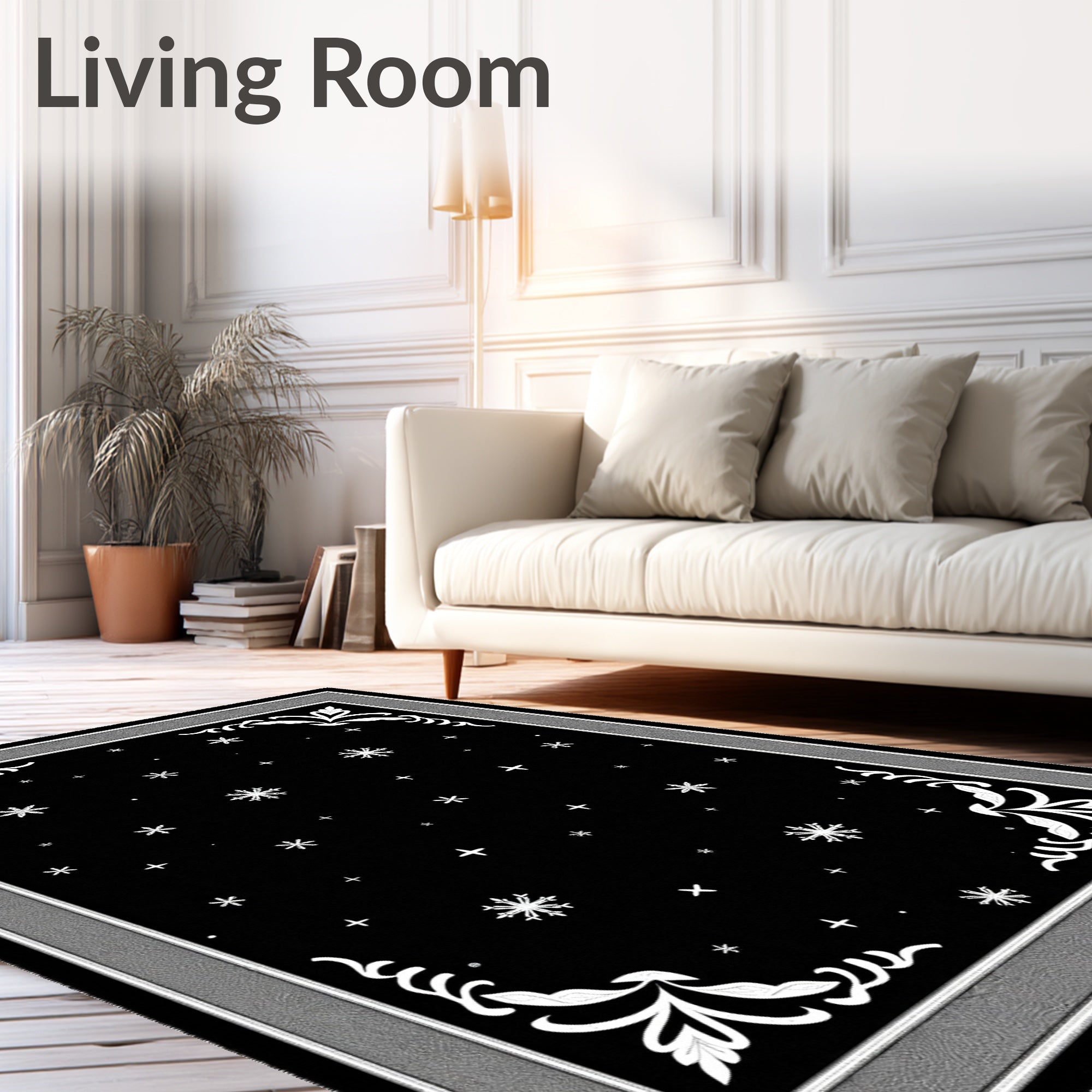 Black Snowflake Swirl Corners Rug