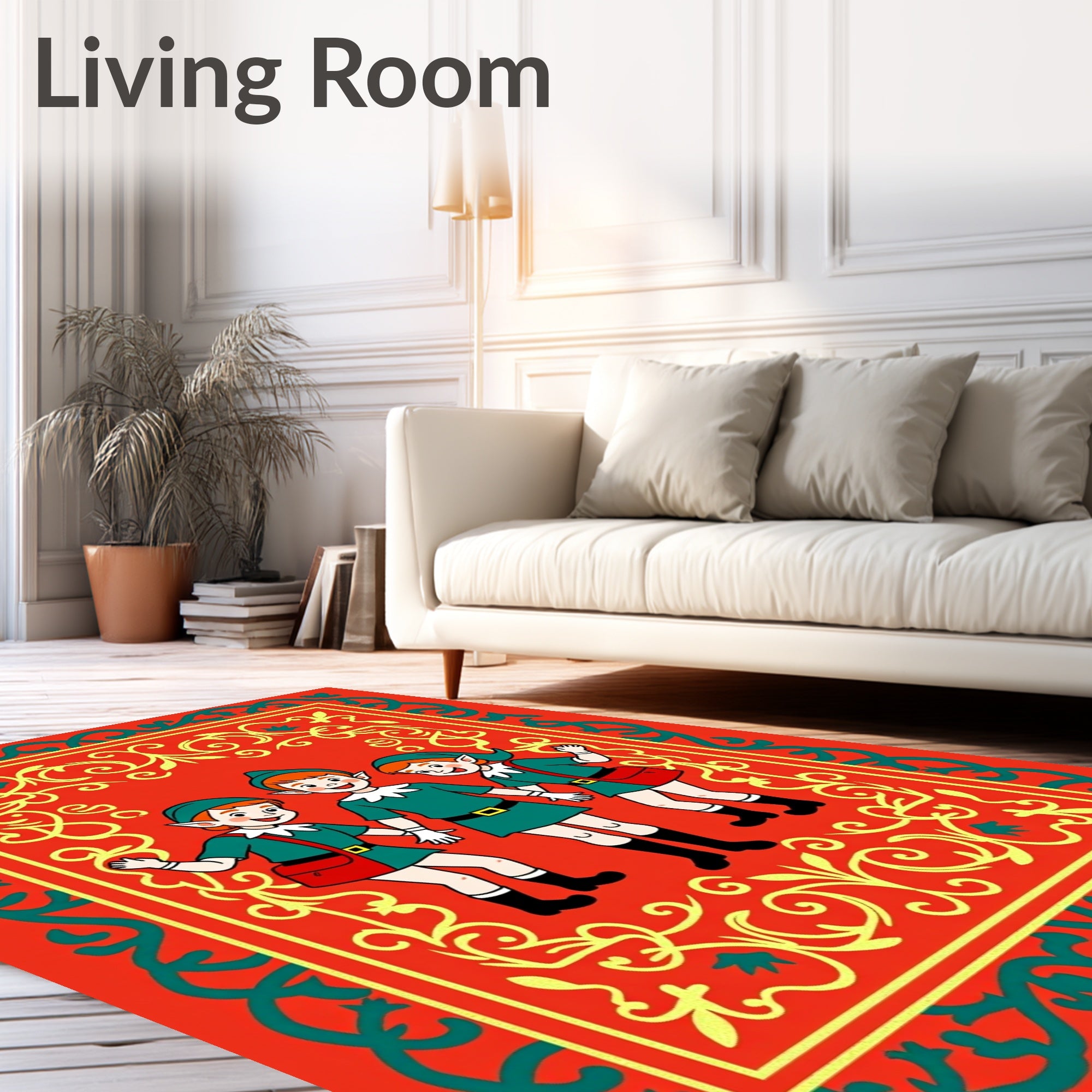 Whimsical elves in vibrant green outfits Rug