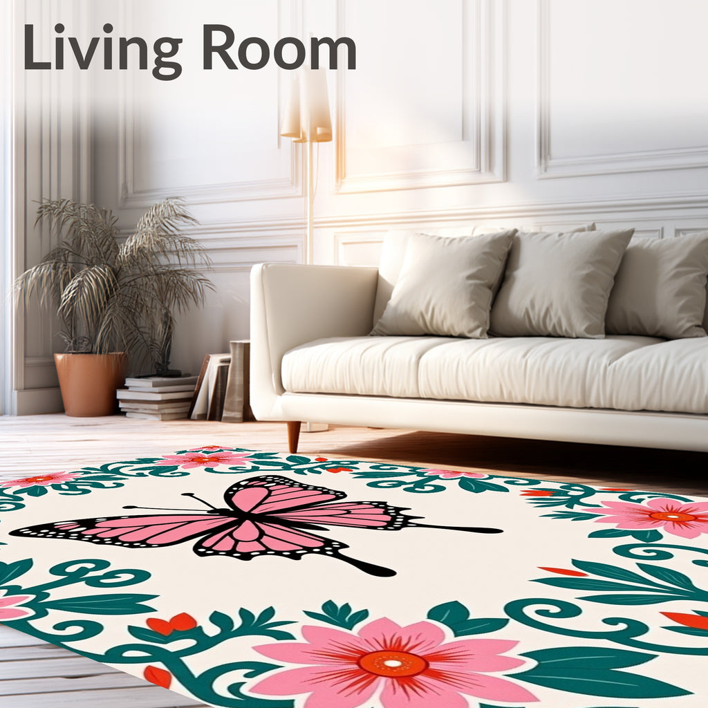 Pink Butterfly Floral Garland Rug