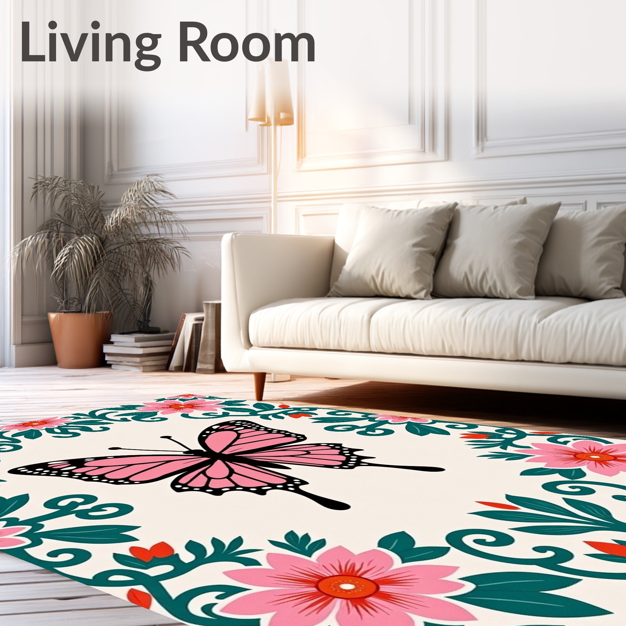 Pink Butterfly Floral Garland Rug