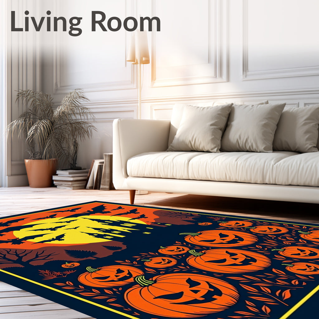 Spooky Halloween Bats Pumpkin Castle Night Rug