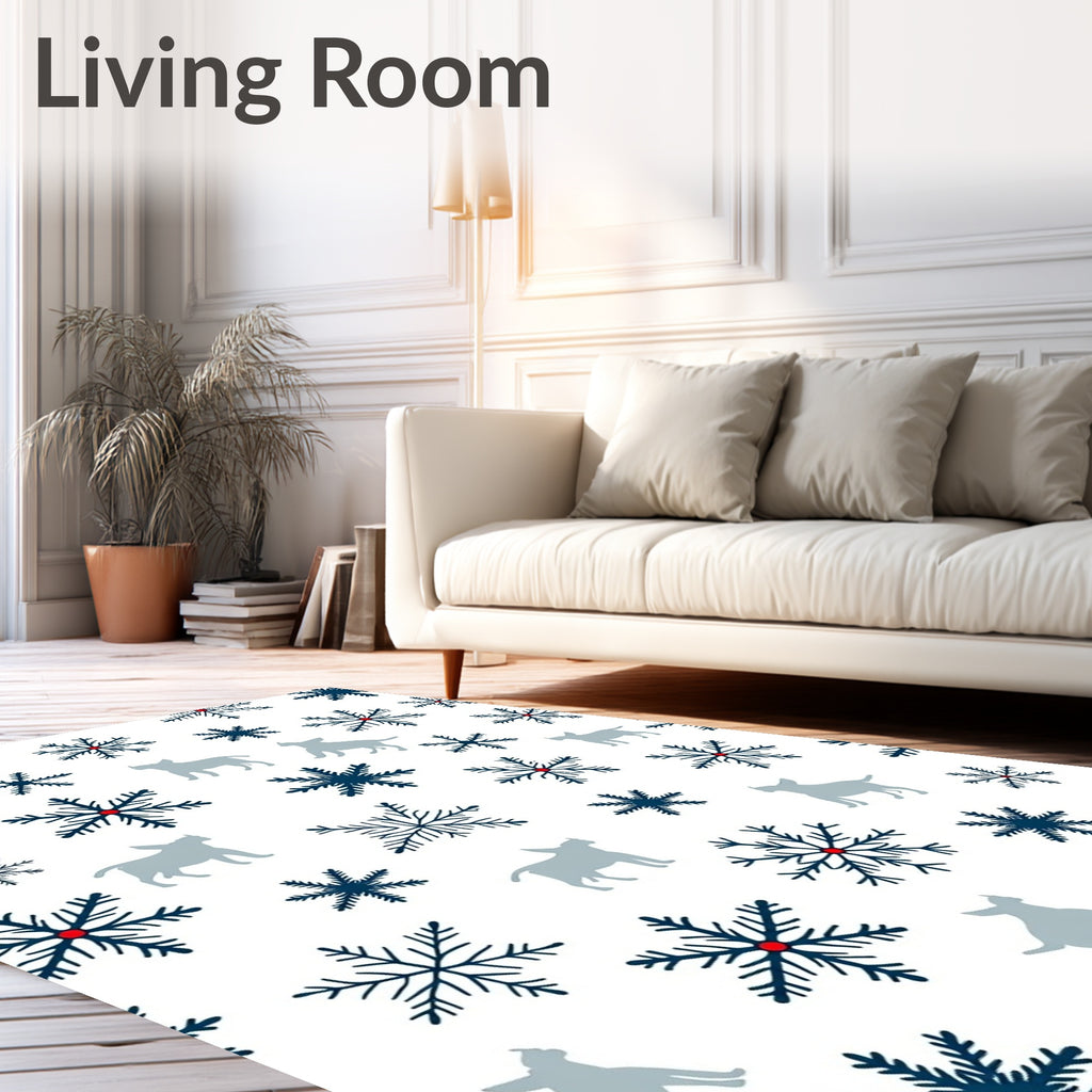 Blue Snowflake Gray Dog Winter Scene Rug