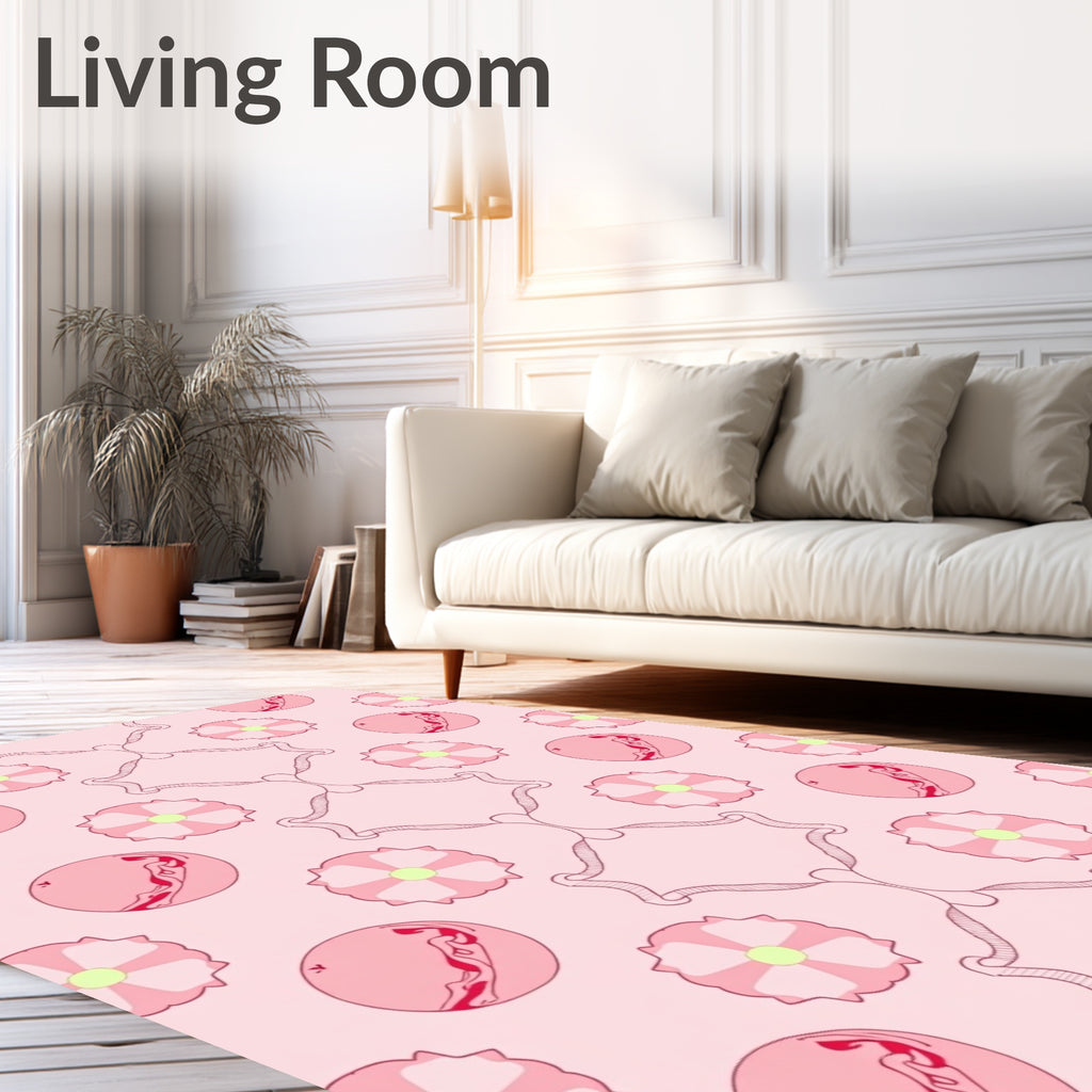 Pink Floral Round Motif Fabric Rug