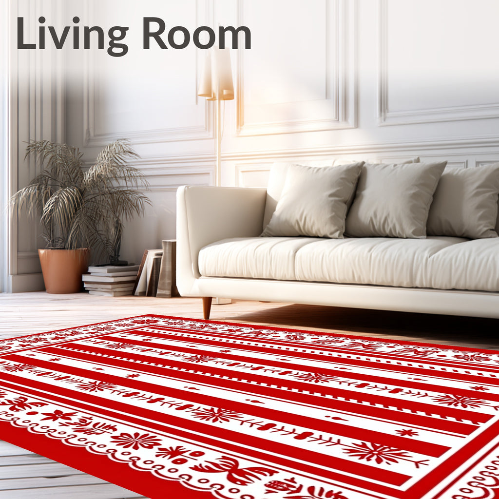 Bold Red Folk Art Floral Stripe Rug