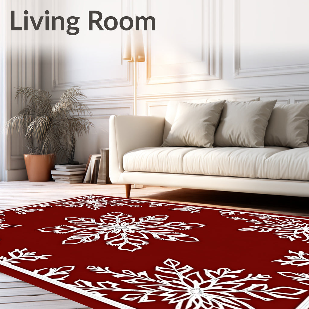 Crimson White Symmetrical Snowflakes Rug