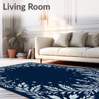 White Leafy Branches on Navy Background Rug