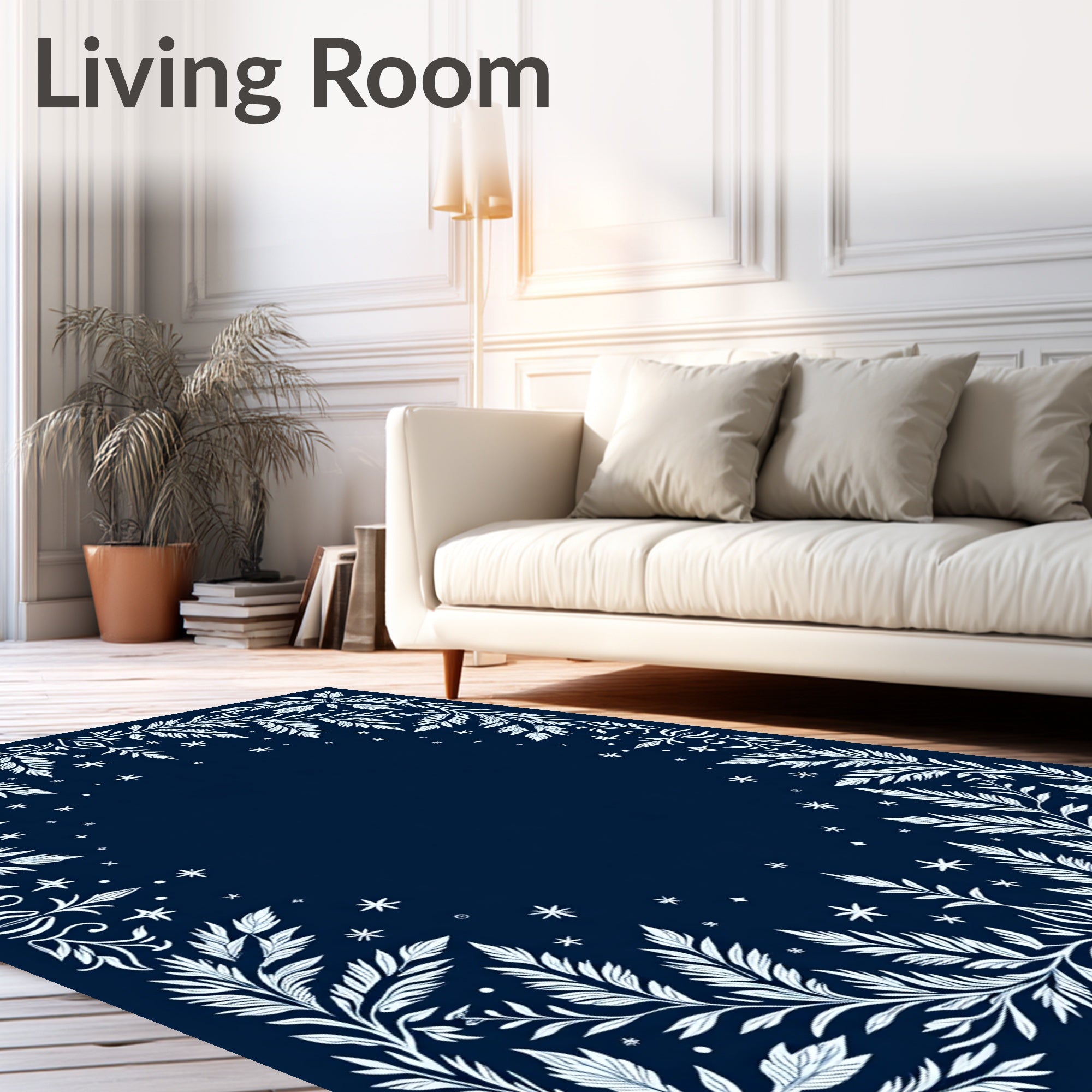 White Leafy Branches on Navy Background Rug