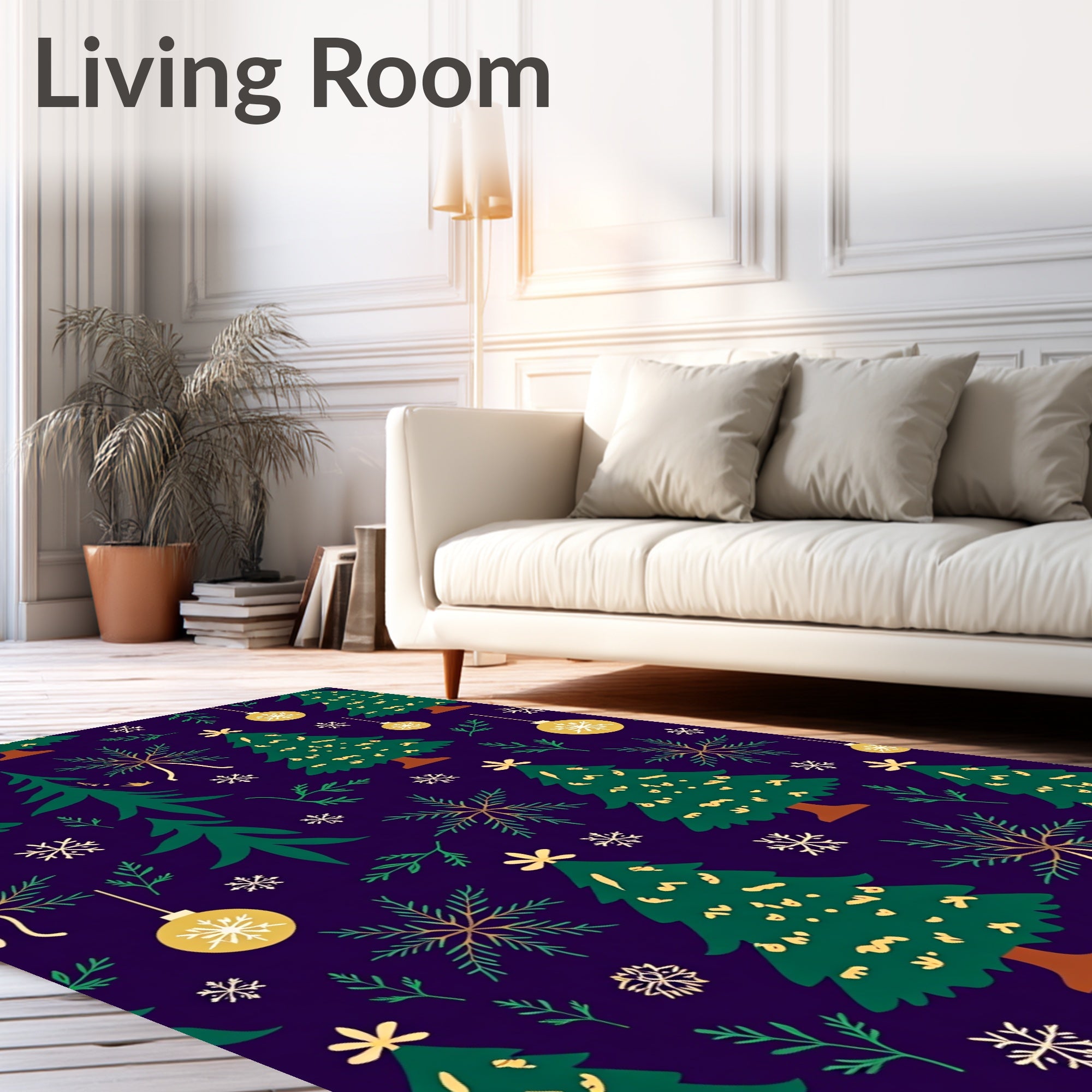 Festive Evergreen Trees Gold Ornaments Rug