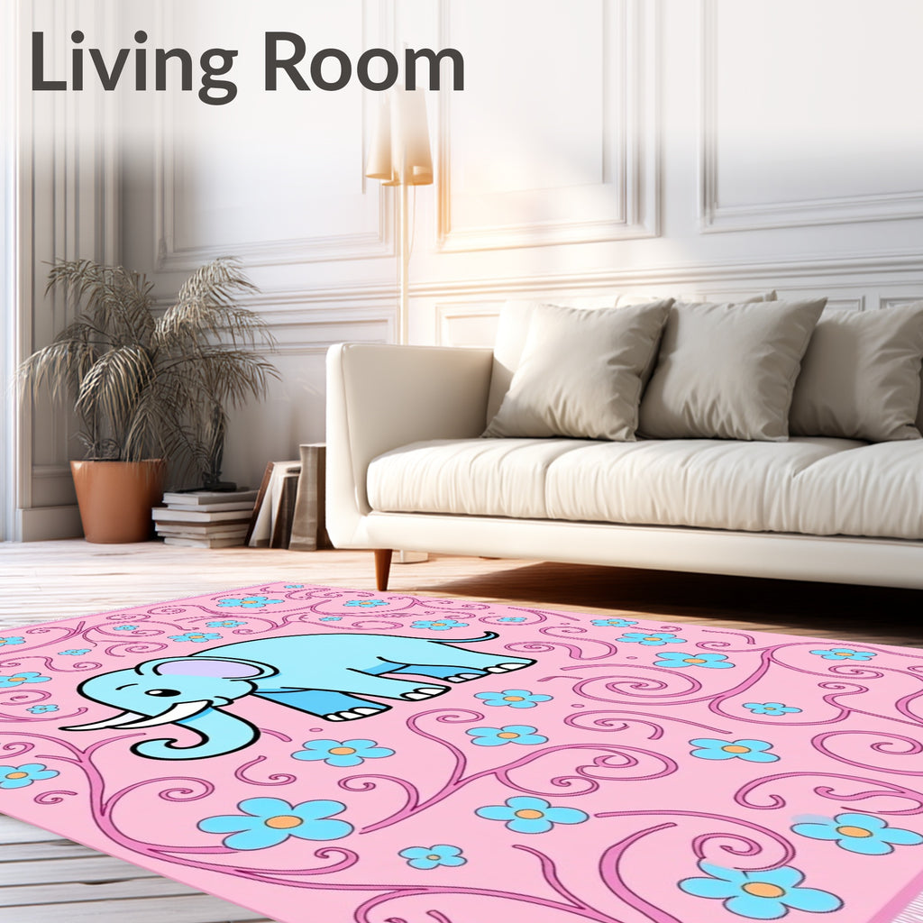 Cute Blue Elephant Pink Floral Swirl Rug