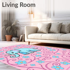 Cute Blue Elephant Pink Floral Swirl Rug