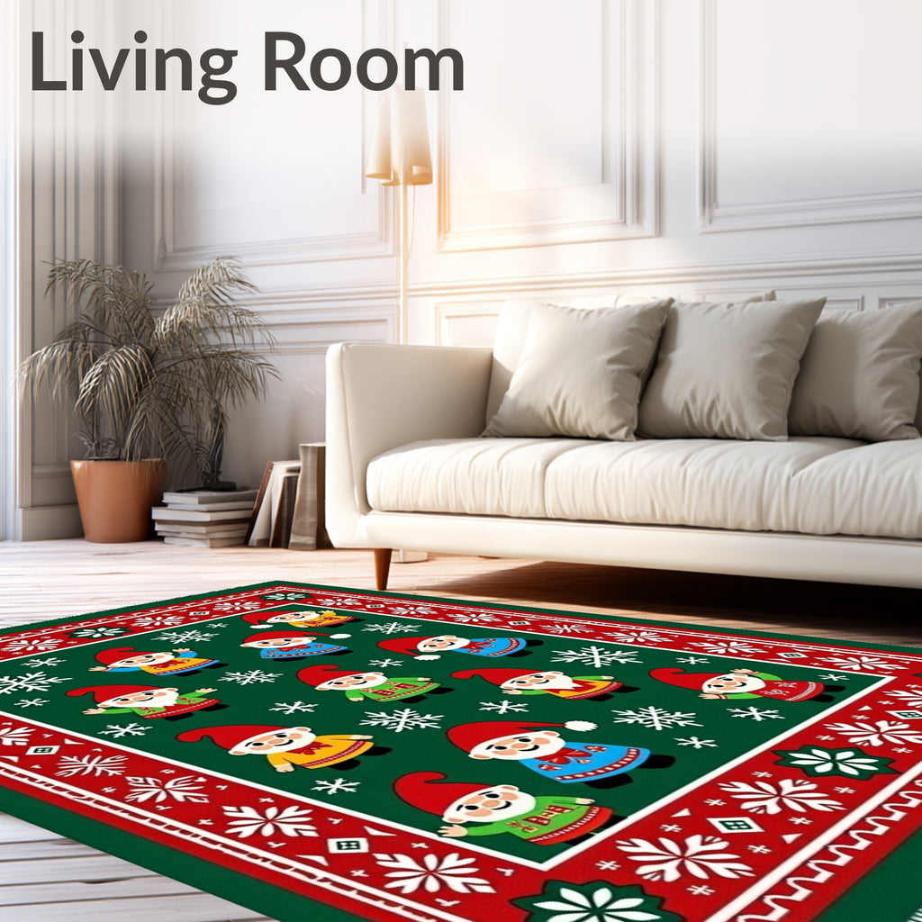 Festive Gnome Snowflakes Green Red Rug
