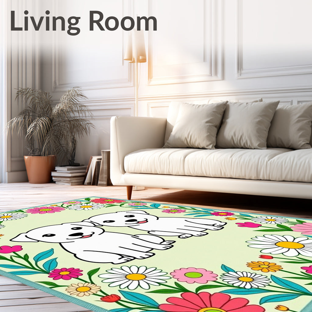 Two White Puppies Floral Border Rug