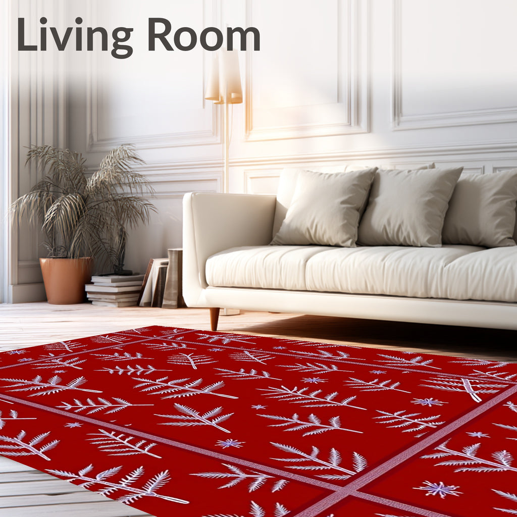 Crimson White Foliage Snowflakes Rug