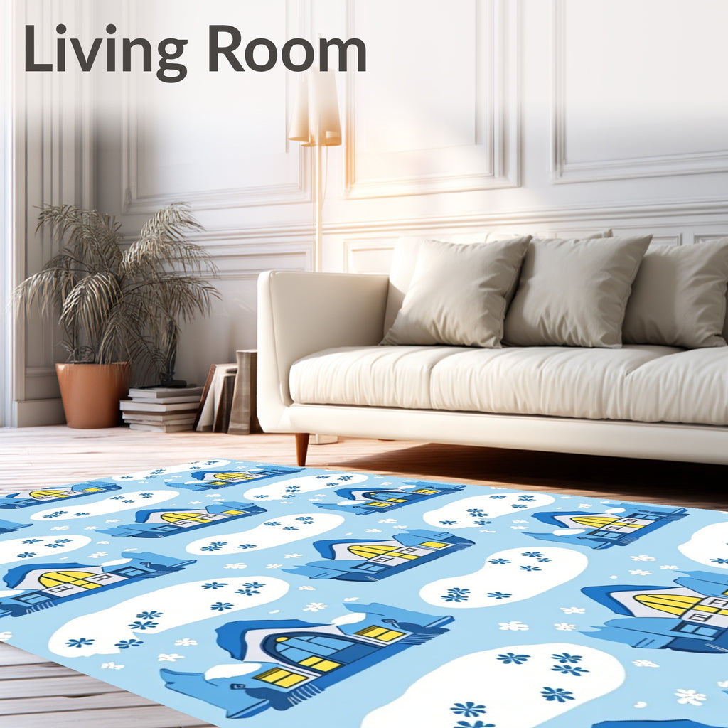 Winter HousesSnowy Village Cartoon Snowflakes Rug