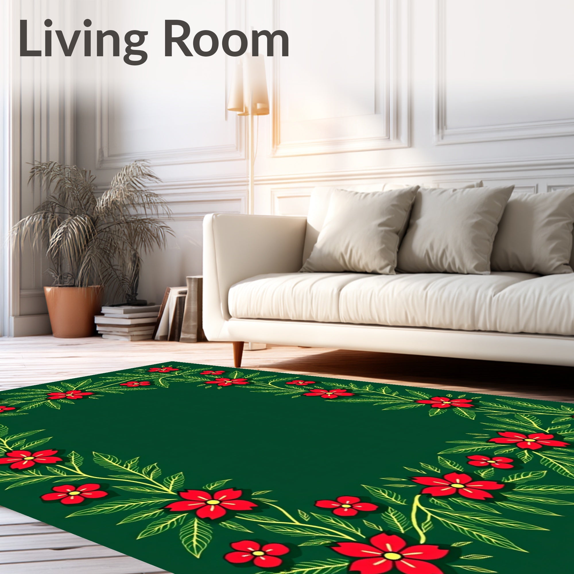 Vibrant Red Floral Vines Border Rug