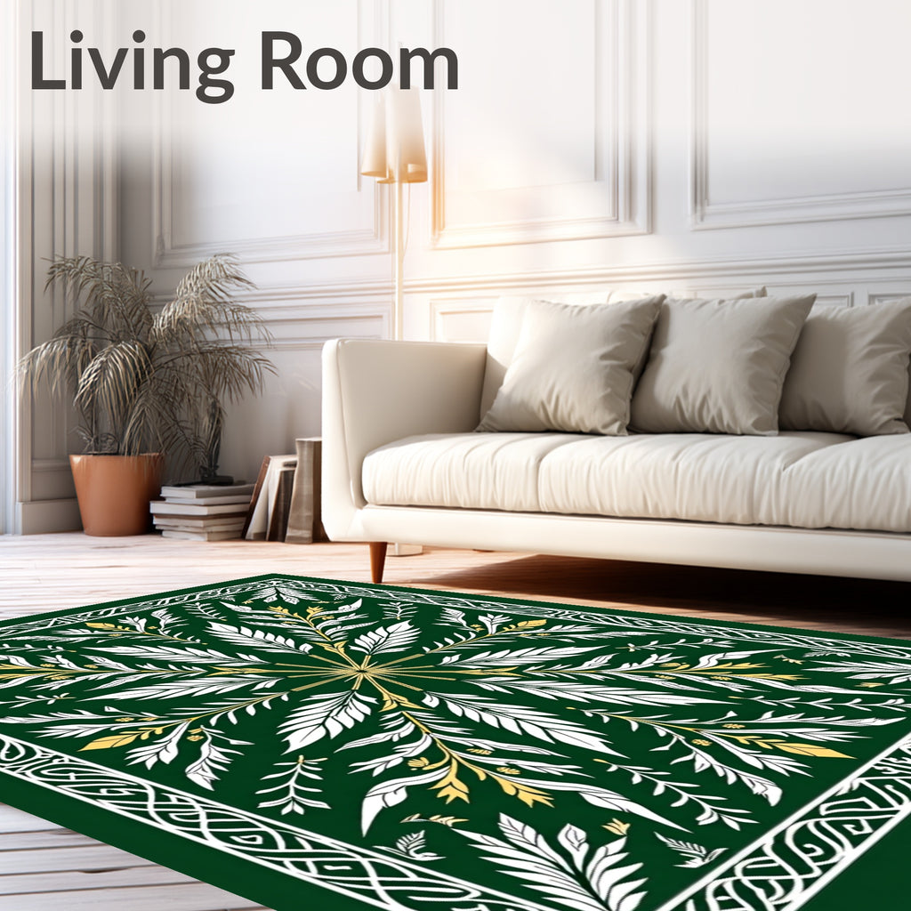 Emerald White Gold Leaf Floral Square Rug