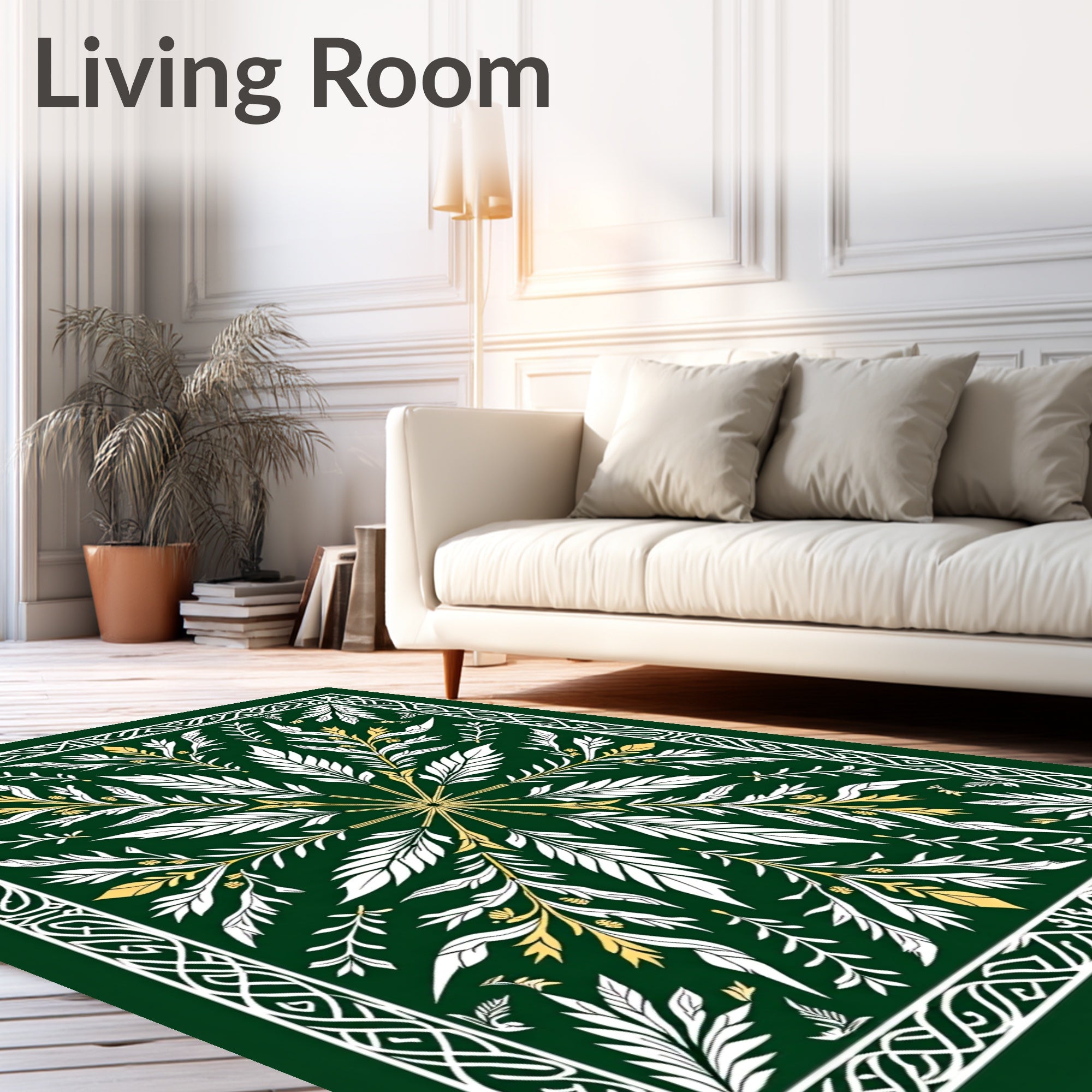 Emerald White Gold Leaf Floral Square Rug