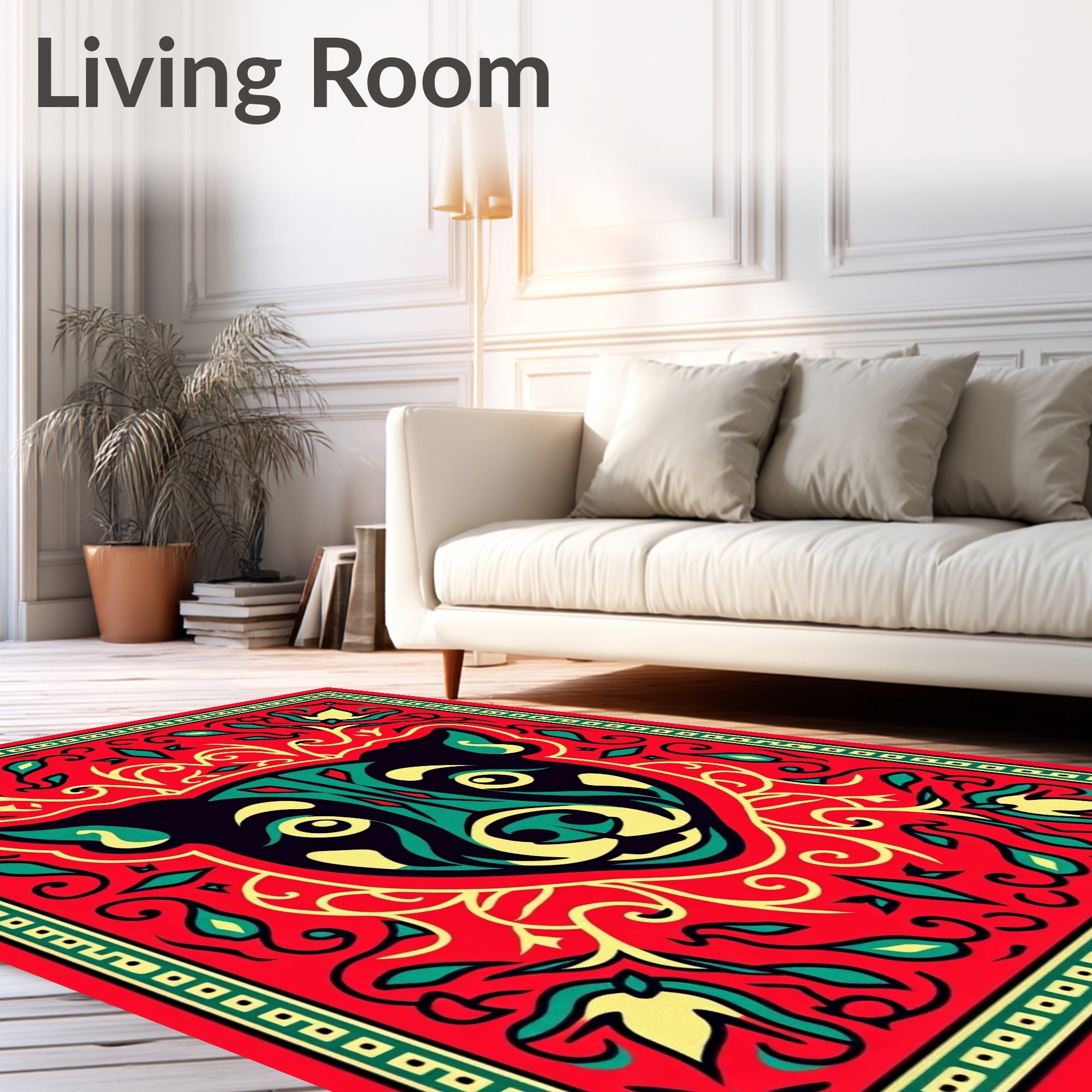 Bold Red Canine Floral Swirl Rug