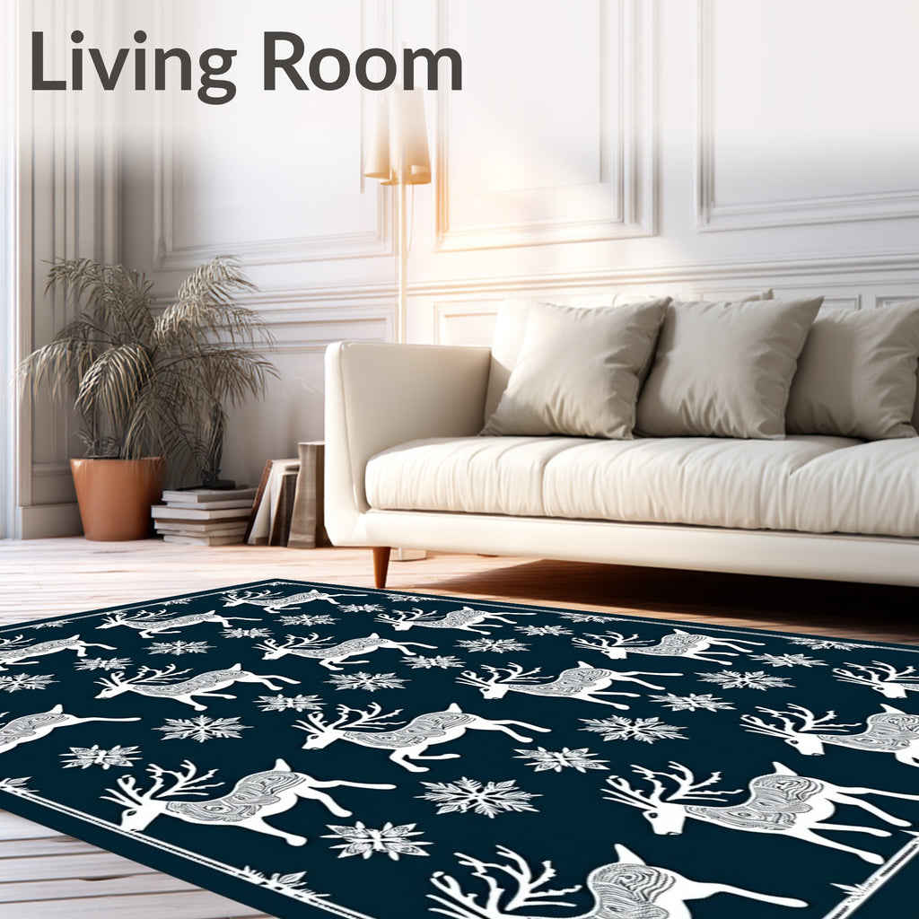 White Reindeer Snowflake Navy Background Rug