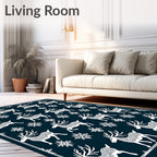 White Reindeer Snowflake Navy Background Rug
