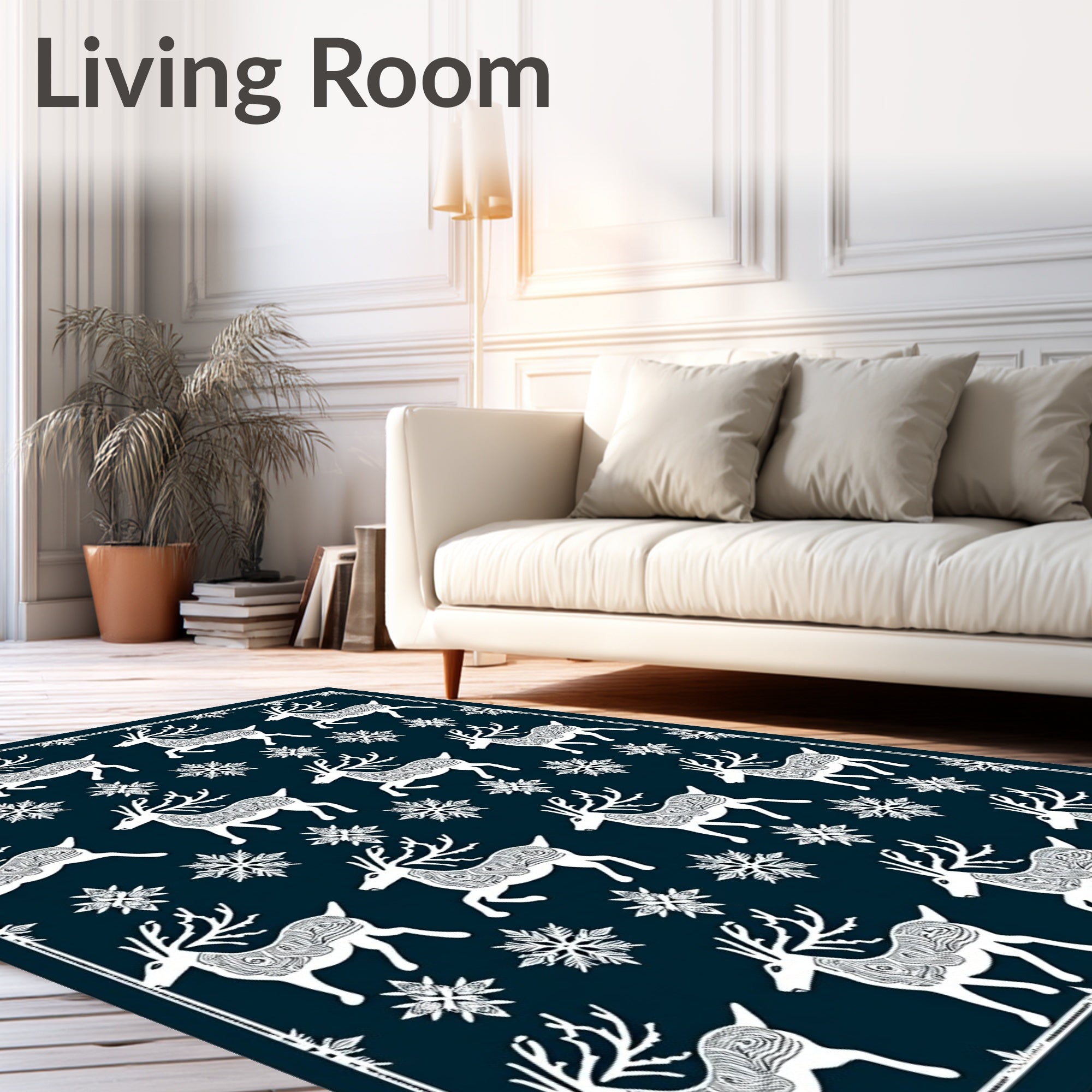 White Reindeer Snowflake Navy Background Rug