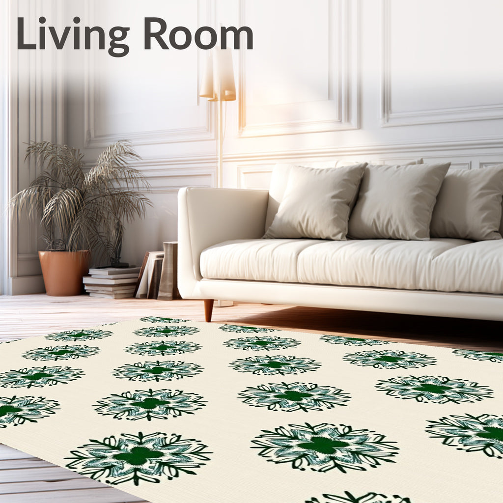 Deep Green Snowflake Medallion Cream Rug