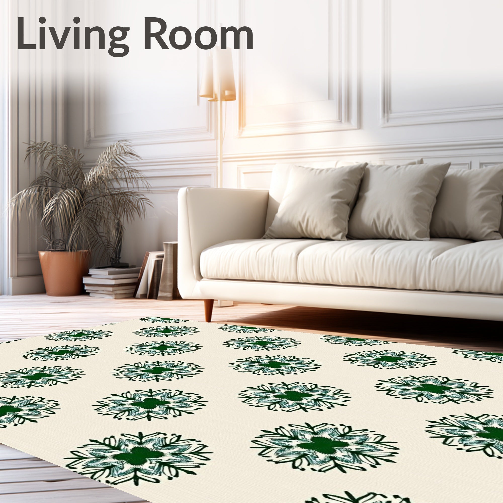 Deep Green Snowflake Medallion Cream Rug