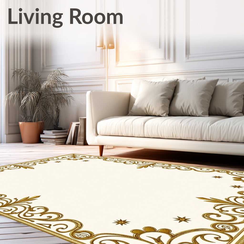 Ornate Gold Filigree Scroll Border Rug