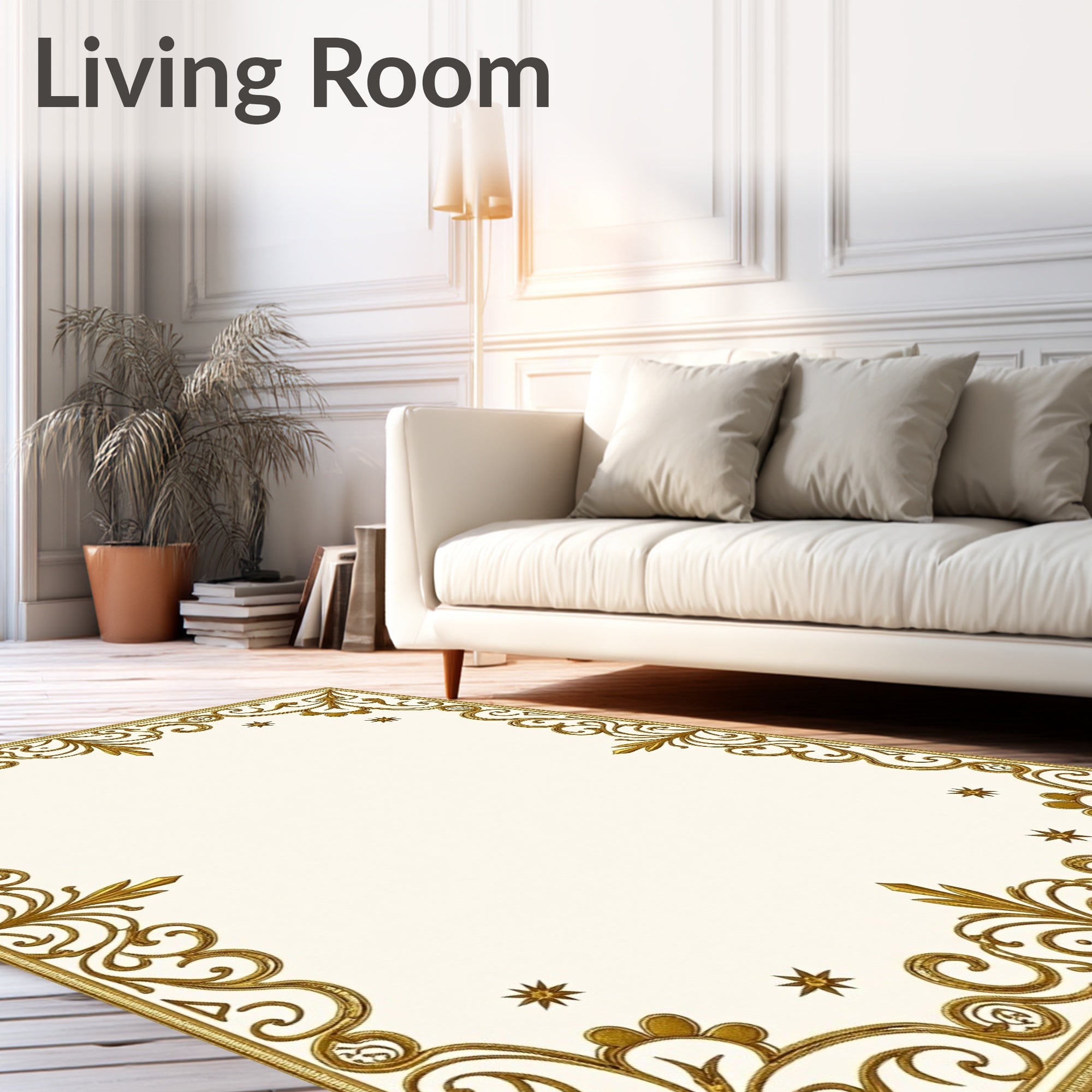 Ornate Gold Filigree Scroll Border Rug