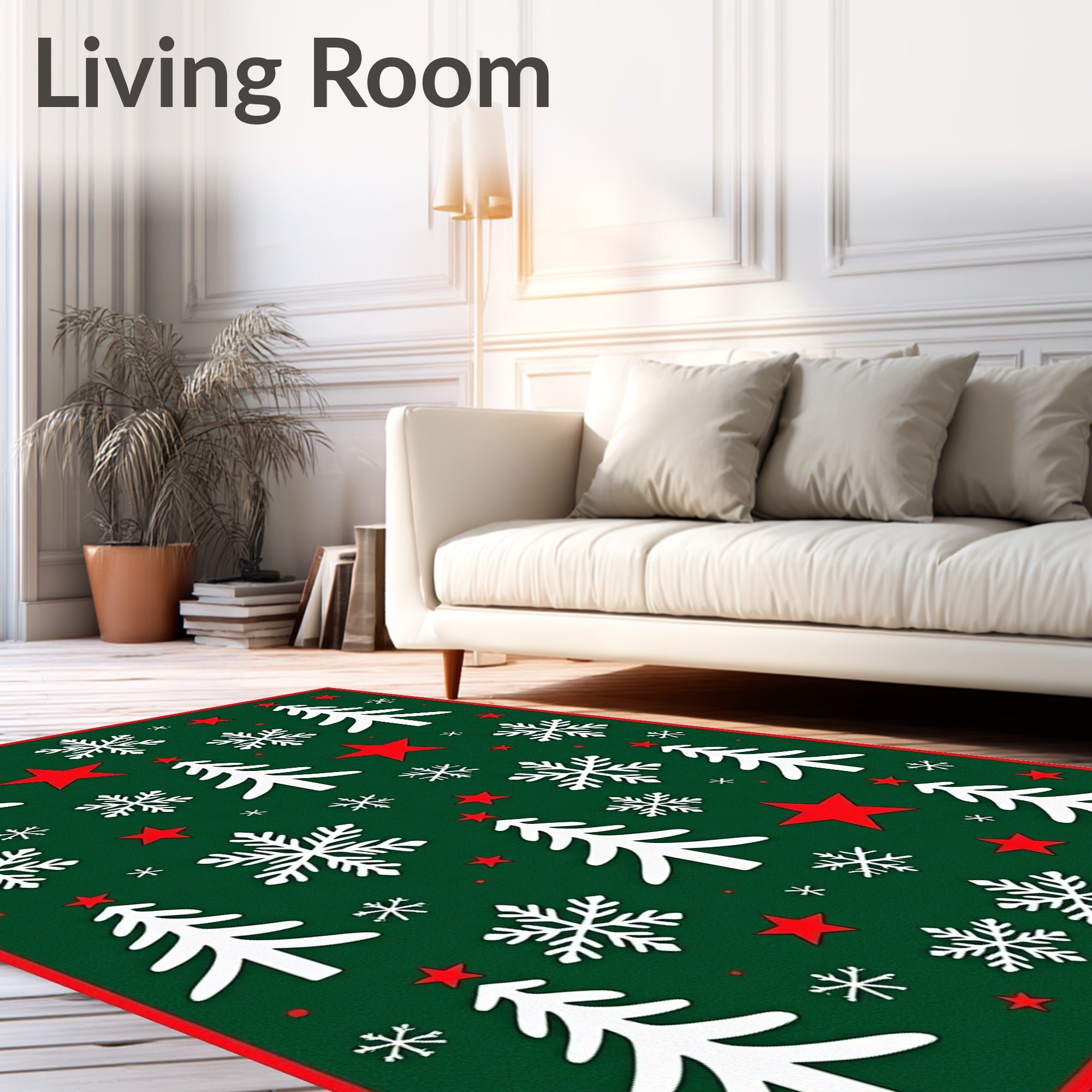Festive Green Christmas Tree Snowflakes Stars Rug
