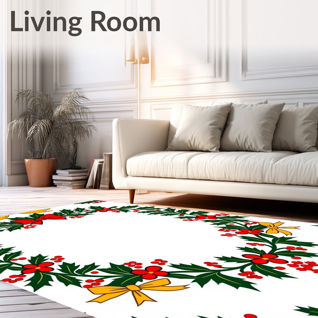Holiday Holly Wreath Red Yellow Bows Rug