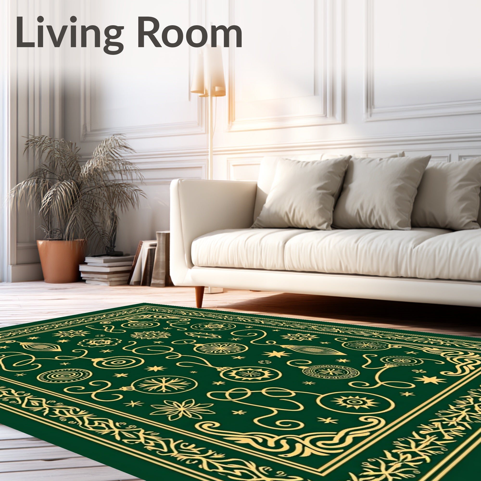 Gold Ornaments on Emerald Green Background Rug