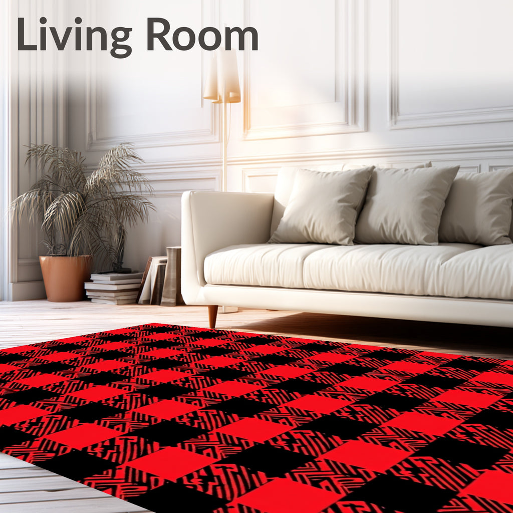 Red Black Checkered Abstract Squares Rug