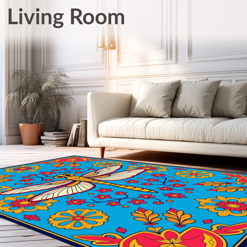 Vibrant Teal Dragonfly Floral Sunburst Rug