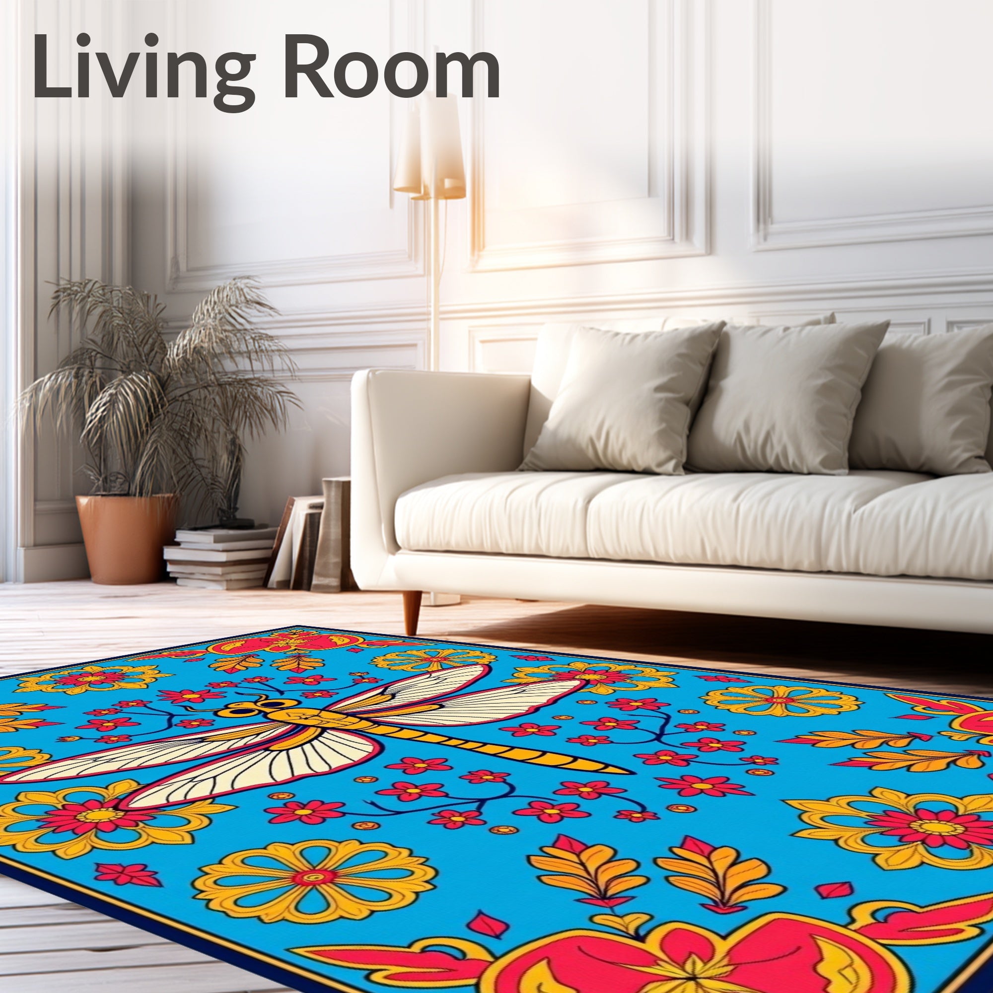 Vibrant Teal Dragonfly Floral Sunburst Rug