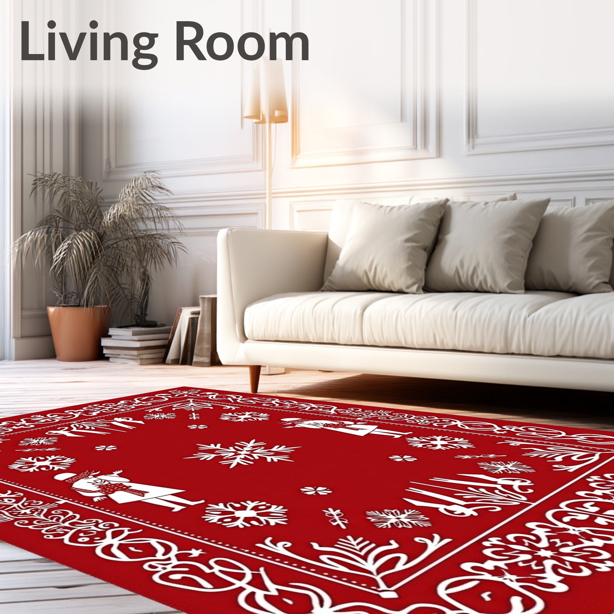 Red White Winter Snowflake Figures Border Rug