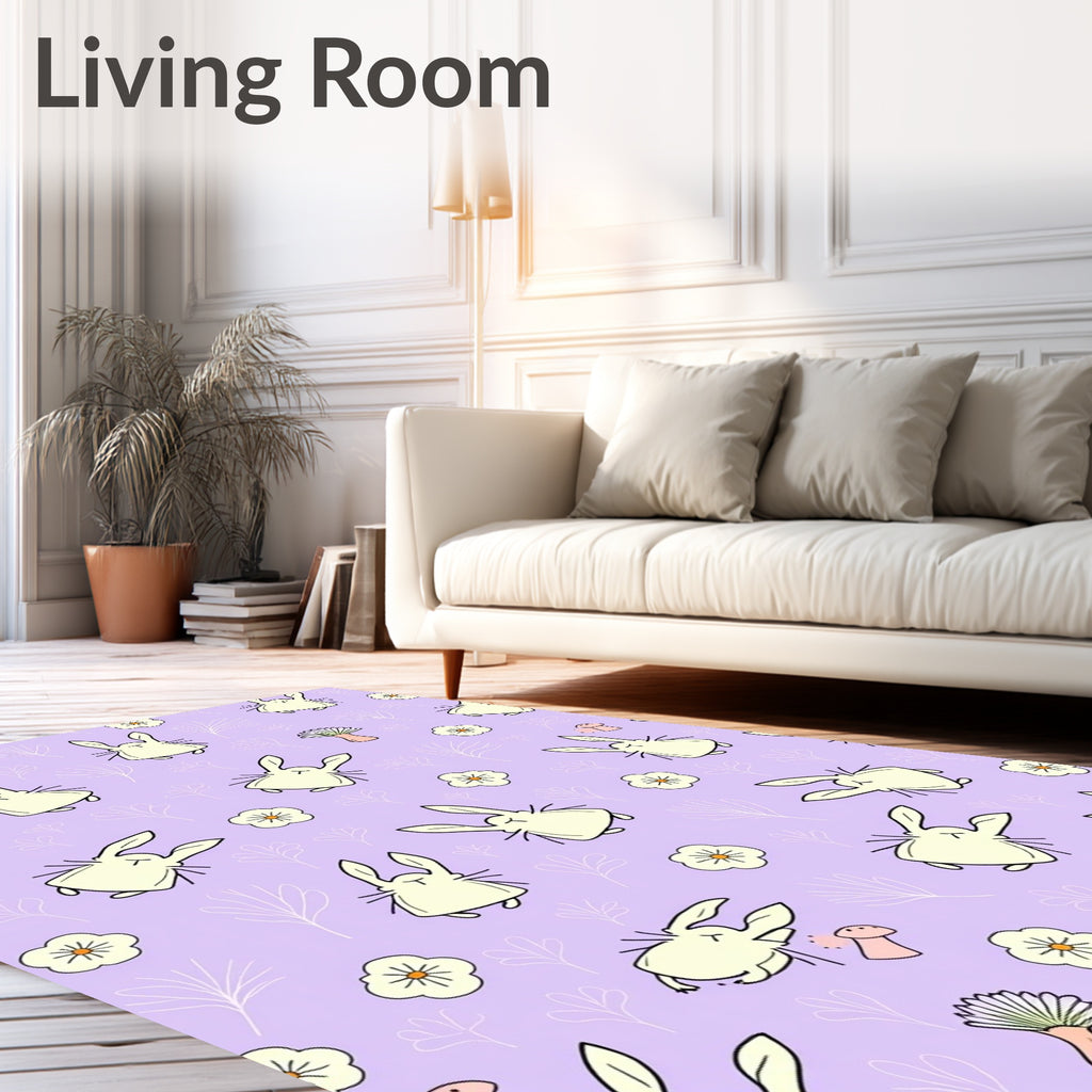 Whimsical Cream Bunny Flower Meadow Rug