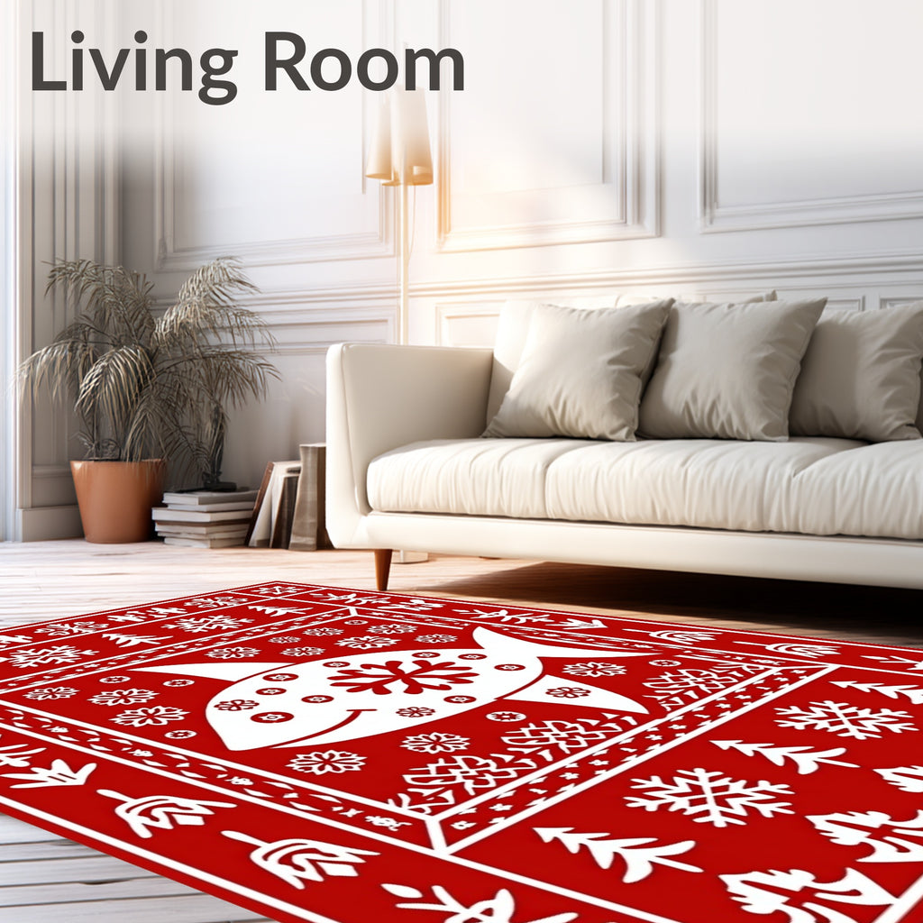 Red White Fish Snowflake Forest Border Rug