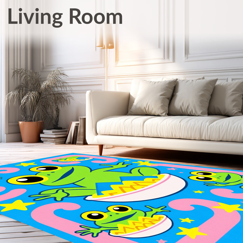 Green Frogs Playful Blue Background Stars Rug