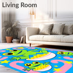 Green Frogs Playful Blue Background Stars Rug