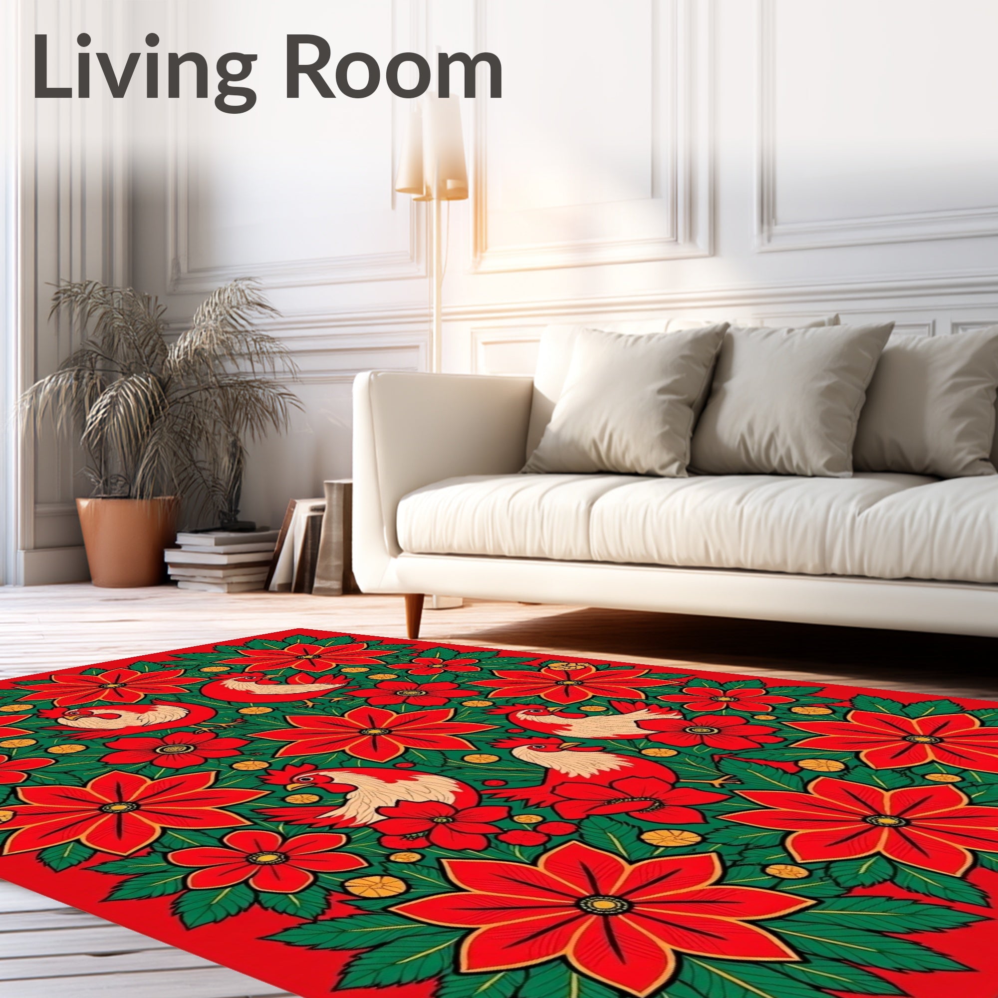 Vintage Red Floral Rooster Arrangement Rug