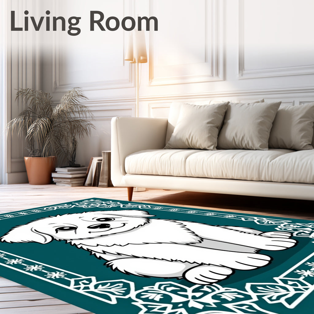 Charming White Puppy Floral Border Rug