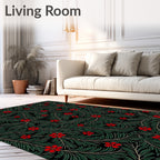 Crimson Floral Greenery Black Background Rug