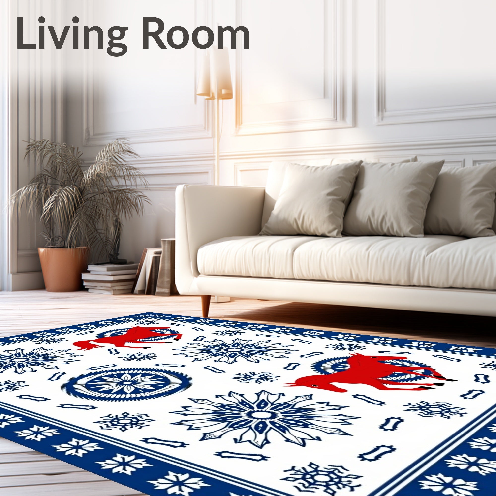 Red Horses And Blue Snowflakes Rug